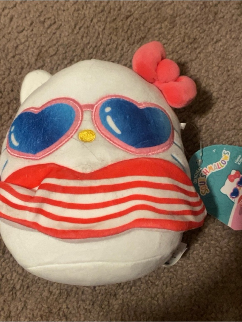 Kellytoy White Plush with Blue Sunglasses Pink Bow and Red Stripes